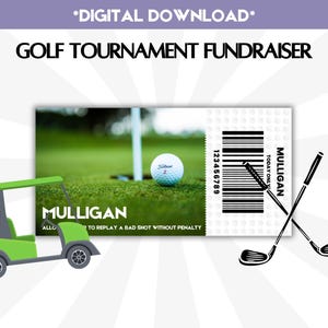 May include: A green golf cart with a white "MULLIGAN" sign. A white ticket with a barcode and the text "MULLIGAN" and "TODAY ONLY". A golf ball on a green golf course. Two crossed golf clubs.