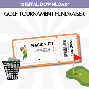 Può includere: Un biglietto arancione con le parole "MAGIC PUTT" e un'illustrazione a tema golf. Il biglietto include anche un codice a barre e il testo "VALID TODAY ONLY!". Sono raffigurati anche un campo da golf e un cesto di palline da golf.
