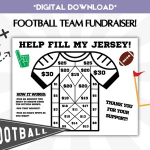 Könnte beinhalten: Eine Schwarzweißillustration eines Fußballtrikots mit einem Quadratgitter. Jedes Quadrat enthält einen aufgedruckten Dollarbetrag. Der Text "HELP FILL MY JERSEY!" befindet sich oben im Bild. Der Text "HOW IT WORKS:" befindet sich unter dem Trikot. Der Text "THANK YOU FOR YOUR SUPPORT!" befindet sich rechts im Bild. Der Text "FOOTBALL" befindet sich unten im Bild.