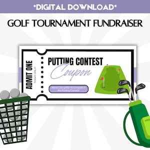 以下が含まれることがあります： 「ADMIT ONE TODAY ONLY!」と「PUTTING CONTEST Coupon」と書かれた白いチケット。緑のゴルフコースと赤い旗が描かれている。クーポン下のテキストには「Allows one golfer to compete in the Putting Contest」と書かれている。