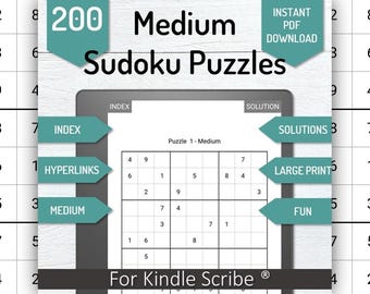 Kindle Scribe Sudoku / 200 Sudokus medianos para entusiastas / PDF interactivo con hipervínculos / Descarga instantánea