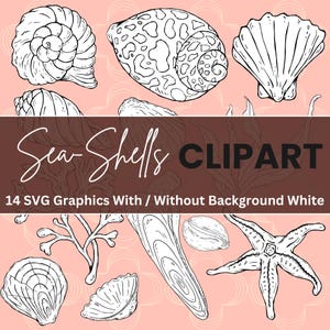 May include: A set of 14 black and white sea shell SVG graphics. The graphics include various types of shells, including a spiral shell, a clam shell, and a starfish. The text "Sea-Shells CLIPART" is at the top of the image. The text "14 SVG Graphics With / Without Background White" is below the text "Sea-Shells CLIPART".