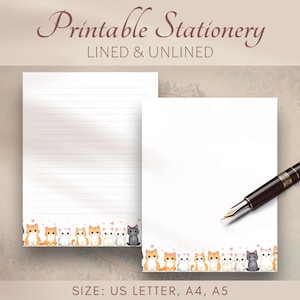 Druckbares Briefpapier, Kawaii Katzen, liniertes und unliniertes Papier, PDF Digitaler Download, US Letter, A4, A5 Digitales Briefpapier