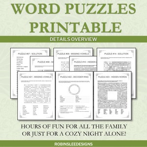 May include: A collection of printable word puzzles, including missing vowels, hidden words, and decoder rings. The image features various puzzle pages with the text "WORD PUZZLES PRINTABLE" and "HOURS OF FUN FOR ALL THE FAMILY OR JUST FOR A COZY NIGHT ALONE!"