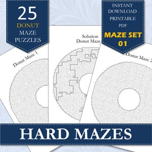 Printable Mazes | 25 Hard Donut Shaped Mazes | Suitable For Clever Kids and Adults | PDF