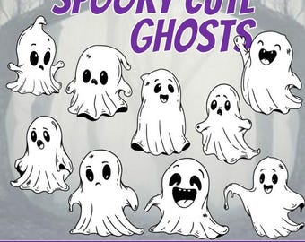 9 adorables dibujos animados de fantasmas Clip Arts / SVG y PNG / Gráficos de Halloween espeluznantes, lindos y aptos para el aula