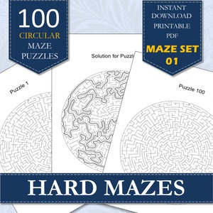 Printable Mazes | 100 Fun Circular Maze Puzzle Book | Hard Maze Puzzles For Adults | Volume 01 | Super Difficult Downloadable Maze PDF