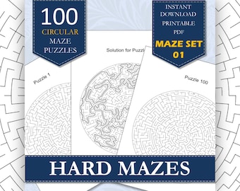 Printable Mazes | 100 Fun Circular Maze Puzzle Book | Hard Maze Puzzles For Adults | Volume 01 | Super Difficult Downloadable Maze PDF