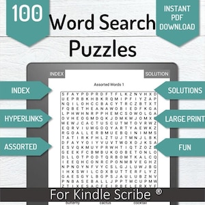 May include: A black and white image of a Kindle e-reader displaying a word search puzzle. The puzzle is titled "Assorted Words 1" and includes the words "Hyperlinks", "Solutions", "Large Print", "Fun", and "For Kindle Scribe".