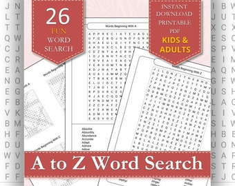 Rompecabezas de búsqueda de palabras del alfabeto imprimibles / 21 palabras por letra A-Z / Actividad educativa divertida para niños y adultos / Descarga instantánea en PDF