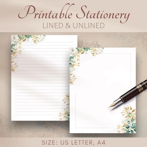 Papel de carta para impressão, papelaria de eucalipto dourado, conjunto de escrita de letras florais, papel de carta botânico, impressão A4 dos EUA em casa