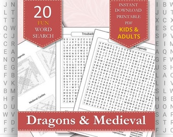 Dragons and Medieval Word Searches | Engaging Puzzles for All Ages | Mythology and Myth Printable Adult Puzzles PDF