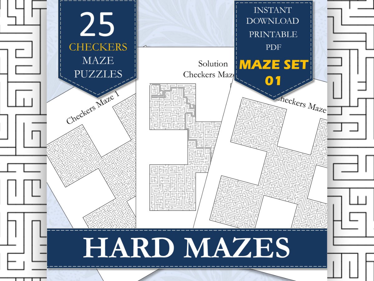 Printable Mazes | 25 Hard Checkers Shaped Mazes | Suitable For Clever Kids and Adults | PDF