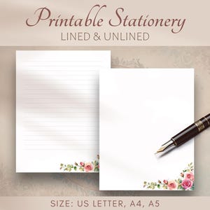 Druckbares Briefpapier, Aquarell Vintage Rosen, liniertes und unliniertes Papier, PDF Digital Download, US Letter, A4, A5 Digitales Blumen Notizpapier