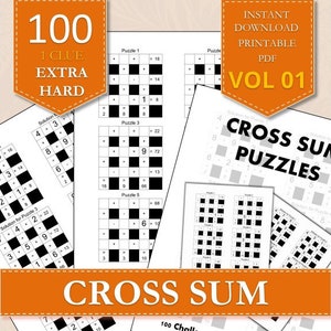 Op de afbeelding: Een downloadbare PDF om te printen voor 100 kruiswoordpuzzels. De puzzels zijn gemarkeerd als "Extra Hard" en zijn ontworpen voor één aanwijzing. De omslag afbeelding bevat ook de tekst "Direct Download Printbare PDF Deel 01" en "Kruiswoordpuzzels".