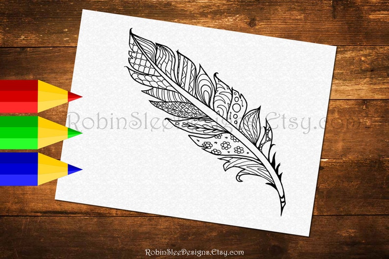 Printable Feather Colouring Page Adult Coloring Pages JPEG - Etsy