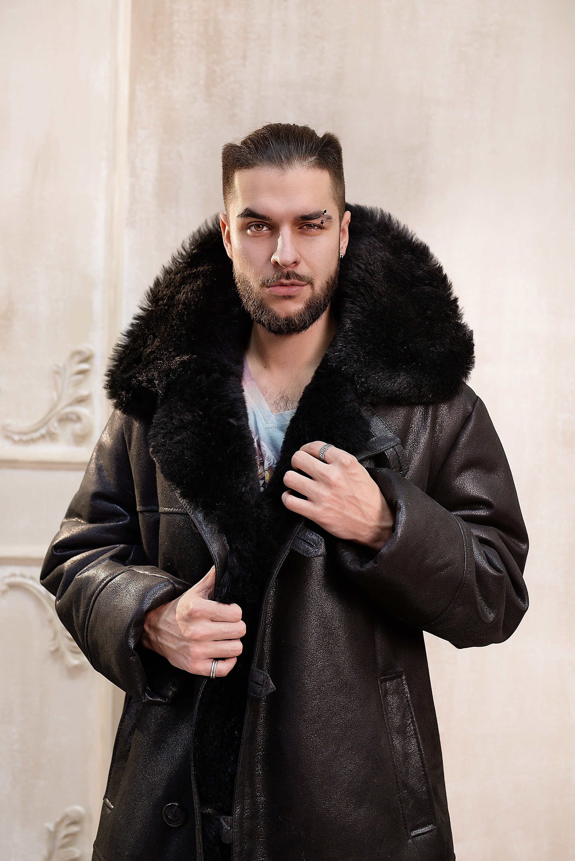 Sheepskin Coat for Men Handmade Long Black Winter Coat 100 Etsy