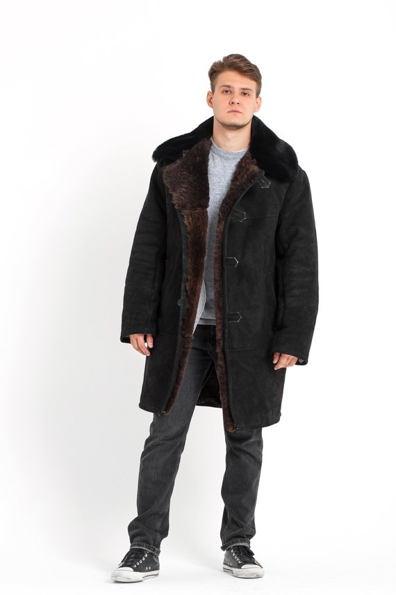 Sheepskin Coat for Men Handmade Long Black Winter Coat 100 | Etsy