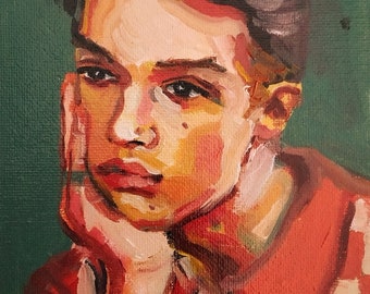 Peinture originale colorée de portrait à l’huile d’un garçon rêveur pensif. La main sur le menton. Original et unique. Moderne. Pour décorer.