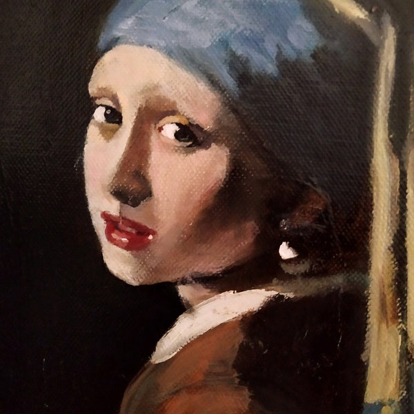 Peinture de portraits à l’huile. Reproduction de Fille à la boucle d'oreille en perle, Fille au turban, de Vermeer. Original et unique. encadré