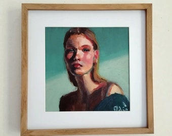 Peinture à l'huile de portrait d'une jolie fille blonde aux yeux verts. Original et unique, déjà encadré.