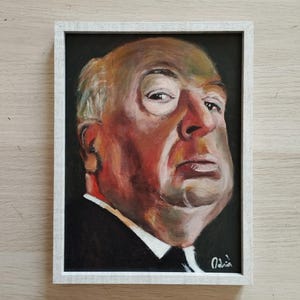 Oil painting portrait of Alfred Hitchcock cinema. Original and unique. FRAMED.