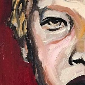 Puede incluir: Primer plano de un retrato pintado que muestra una parte de un rostro. La obra de arte utiliza una paleta de rojos, blancos, negros y amarillos. La atención se centra en el ojo, la nariz y la boca, con pinceladas visibles y un aspecto texturizado.