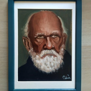 Oil portrait of a man with a white beard. Framed painting. Original and unique.