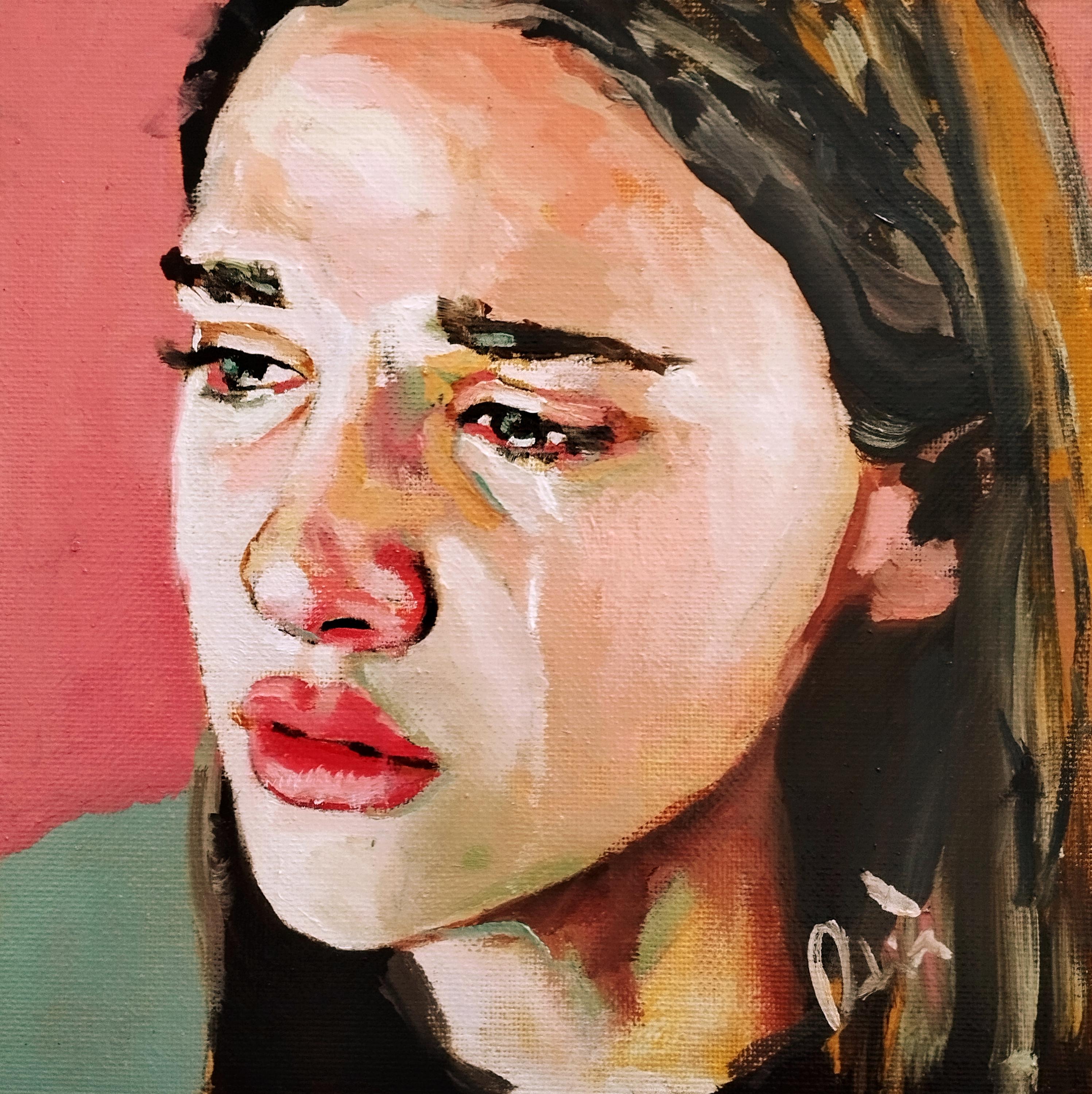 悲しげに泣く少女を描いた油彩モダン肖像画。独創的で唯一無二。額入り