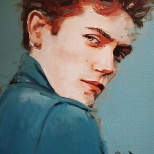 Oil portrait painting of an attractive young man. Original and unique.