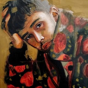 Original oil portrait painting of a pensive dreamy boy. Floral printed clothing. Original and unique. For decoration.