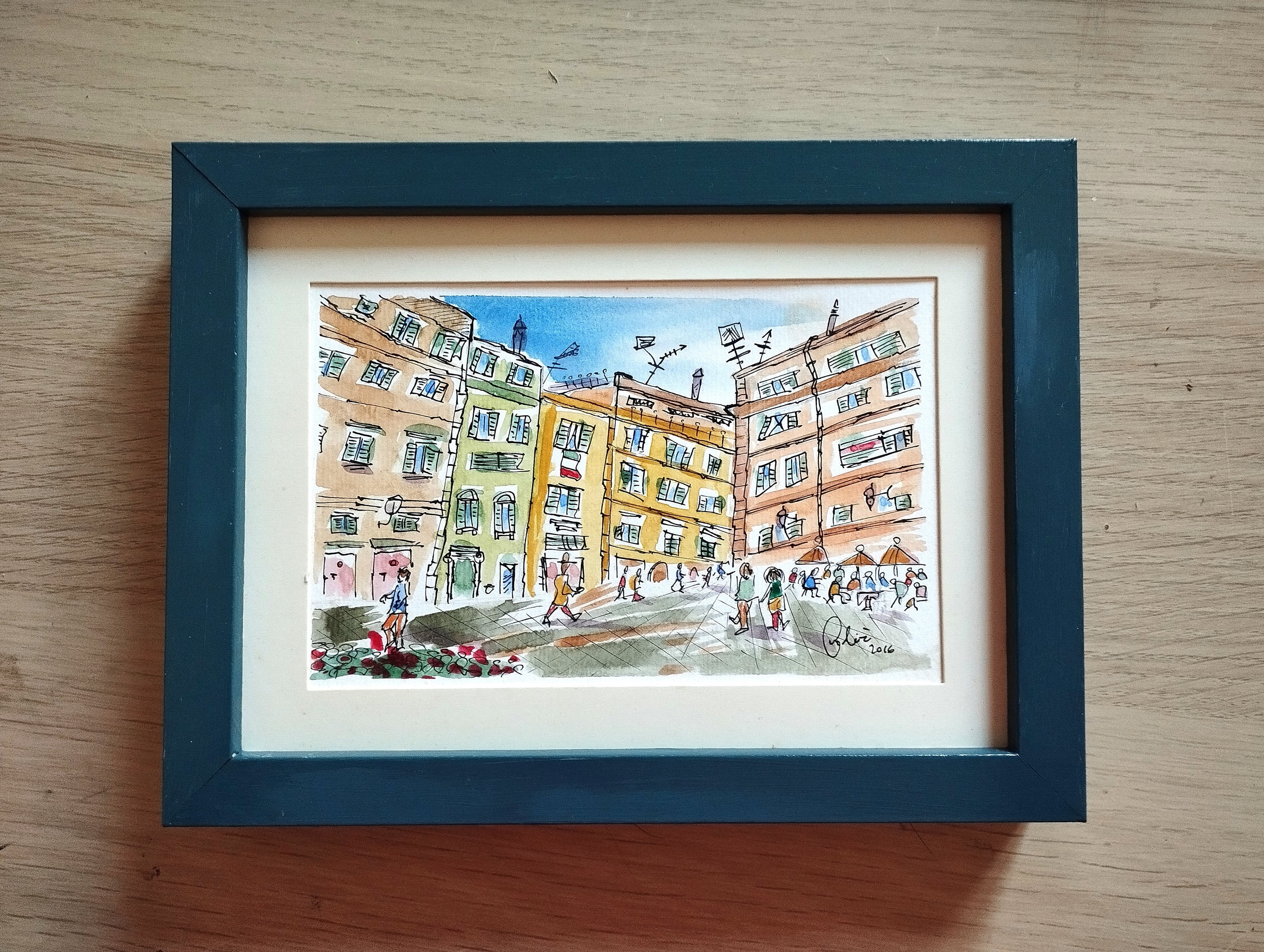 Original watercolor. Watercolor and Ink, Urban Sketching style. City landscape. Modern. Framed.