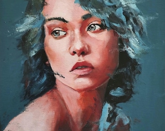 Puede incluir: Retrato de pintura al óleo de una persona con cabello azulado y piel clara. La obra presenta un fondo verde azulado y una firma en la esquina inferior derecha. La expresión del sujeto es contemplativa, con enfoque en los ojos y los labios.