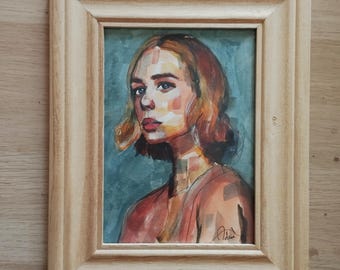 Original Watercolor. Portrait of a Girl. Modern. Framed. With frame.