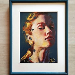 Oil portrait painting of a blonde girl with a sensual look. Lights and shadows. Colorful. Original and unique.