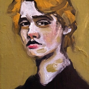 Oil portrait painting of a blond, fair-skinned boy. Framed in a wooden frame. Original and unique.