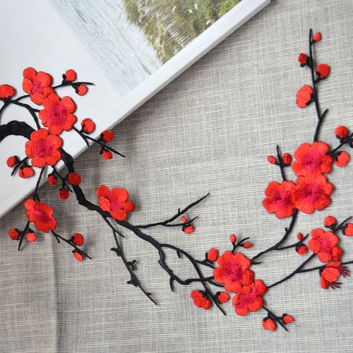 ID 6703 Red Blossom Flower Patch Plant Branch Stem Iron On EmbroideredApplique