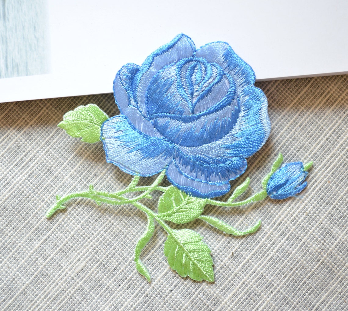 Blue flower patch flower embroidered Iron-on patch blue rose | Etsy