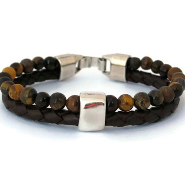 Bracelet Tiger Eye Man, Bracelet Oeil de Tigre, Bracelet Homme, Bracelet Cuir Homme, Bracelet Pierres Homme, Bracelet en Cuir Tressé