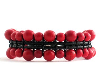 Red Howlite woven stones bracelet, Black leather single wrap bracelet for women, Red beaded boho bracelet jewelry