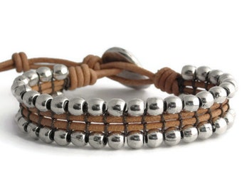 Woven Silver Beads Bracelet for Woman, Natural Leather Bracelet with Silver, Silver Studded Bracelet, 2 Rows Band Bracelet