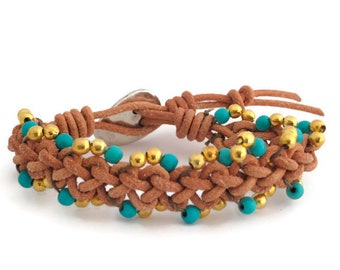 Tiny Balls Leather Bracelet, Tiny Balls Bracelet, Woven Bracelet Leather, Drop Beads Bracelet, Tiny Beads Bracelet, Turquoise Gold Bracelet,