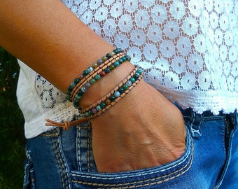 Beaded Bracelet Fancy Jasper Indian Agate, Leather Wrap bracelet Woven Boho Leather Bracelet Stone Jewelry