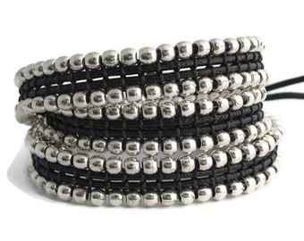 Silver and Black Bracelet for Woman,  Uno de 50 Style, Silver Beads Woven Bracelet, 3 Wraps Boho Bracelet, Woman leather wrap bracelet