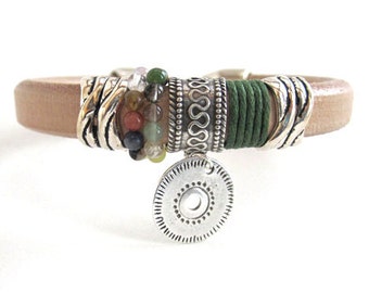 Natural leather bracelet with silver coin, Bohemian women bracelet, Boho style charm bracelet, Coin charm bracelet, Custom made bracelet
