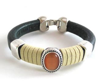 Green leather cuff bracelet with orange crystal charm, Licorice leather wristband, Boho suede bracelet, Wife birthday gift