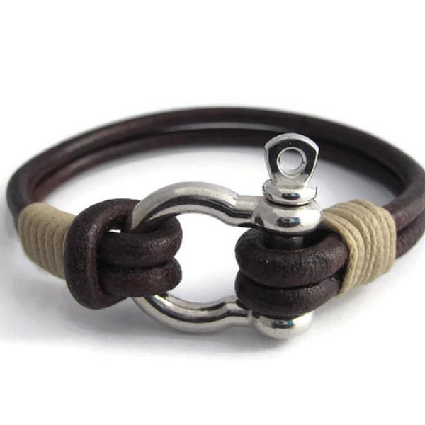 Pulsera hombre con grillete, Pulsera cuero marrón oscuro de hombre, Pulsera elegante hombre, Pulsera masculina, Pulsera bohemia, Moda hombre