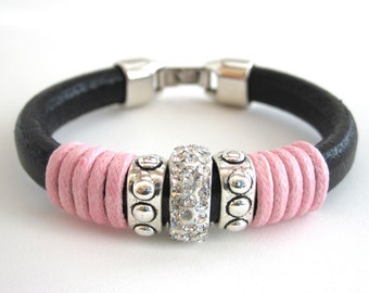 Black leather bangle and Rhinestone, Women chic rose cord bracelet, Black pink wrap cuff, Chunky leather Girl bracelet gift
