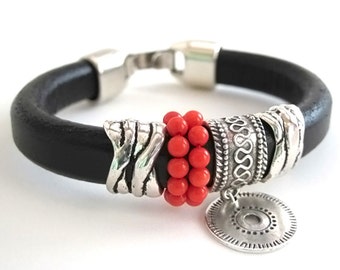 Coin charm leather bracelet, Silver coin bracelet, Boho Charm Bracelet, Coin boho bracelet, Boho women bracelet Coral, Red bead bracelet