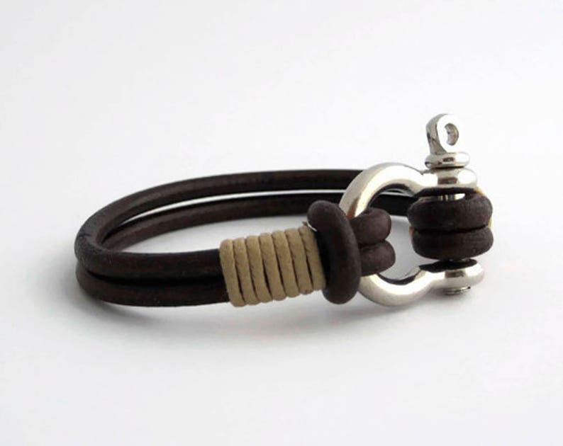 Pulsera hombre con grillete, Pulsera cuero marrón oscuro de hombre, Pulsera elegante hombre, Pulsera masculina, Pulsera bohemia, Moda hombre image 3